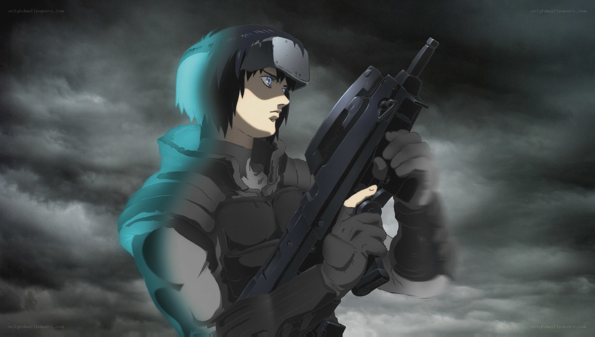 soldier with rifle in storm