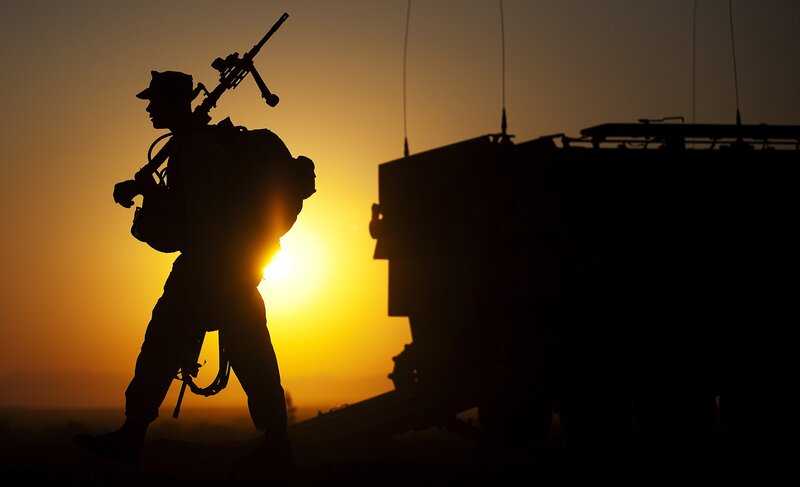 Soldier with Rifle — Orange, Dramatic, Sunset, Photograph, Military Vehicle