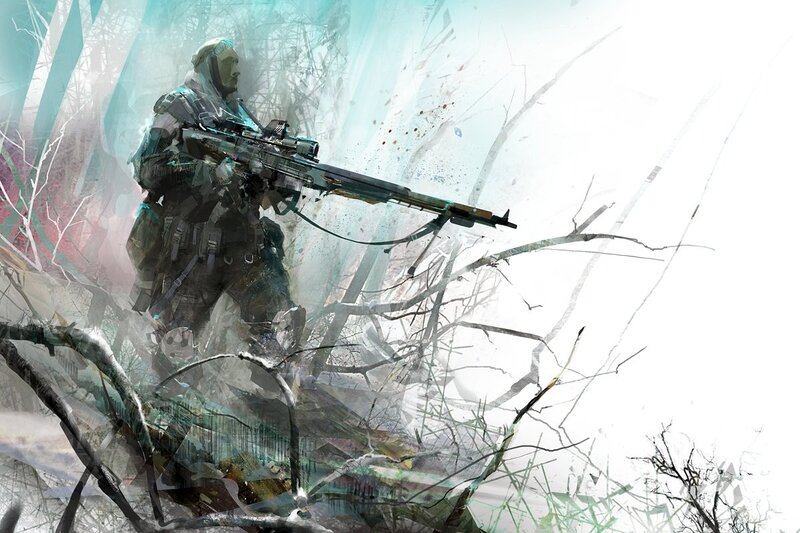 Soldier with Rifle — White, Dramatic, Winter, Digital Art, Forest