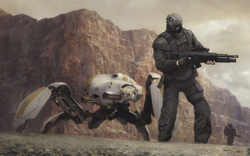 Soldier with Robot Companion — Gray, Dramatic