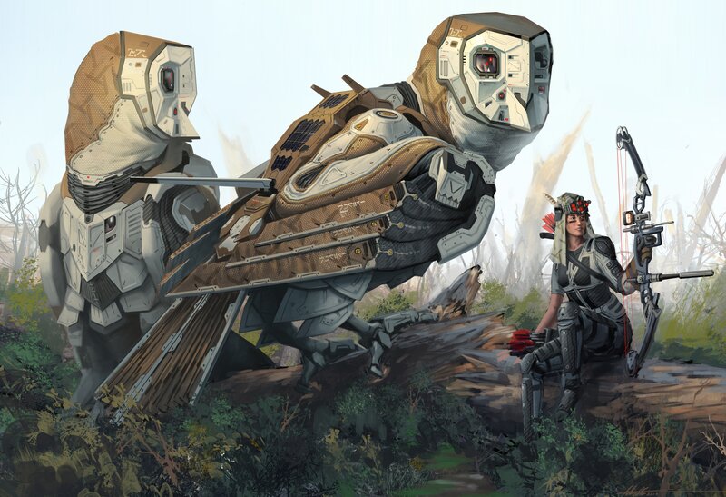 Soldier with Robotic Birds — Brown, Dramatic