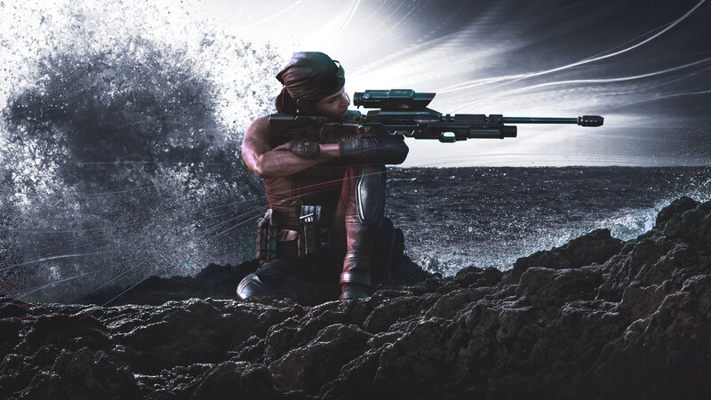 Soldier with Sniper Rifle — Black, Dramatic, Digital Art, Ocean