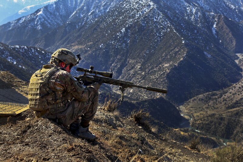 Soldier with Sniper Rifle — Brown, Dramatic, Afternoon, Photograph, Mountains, Backpack