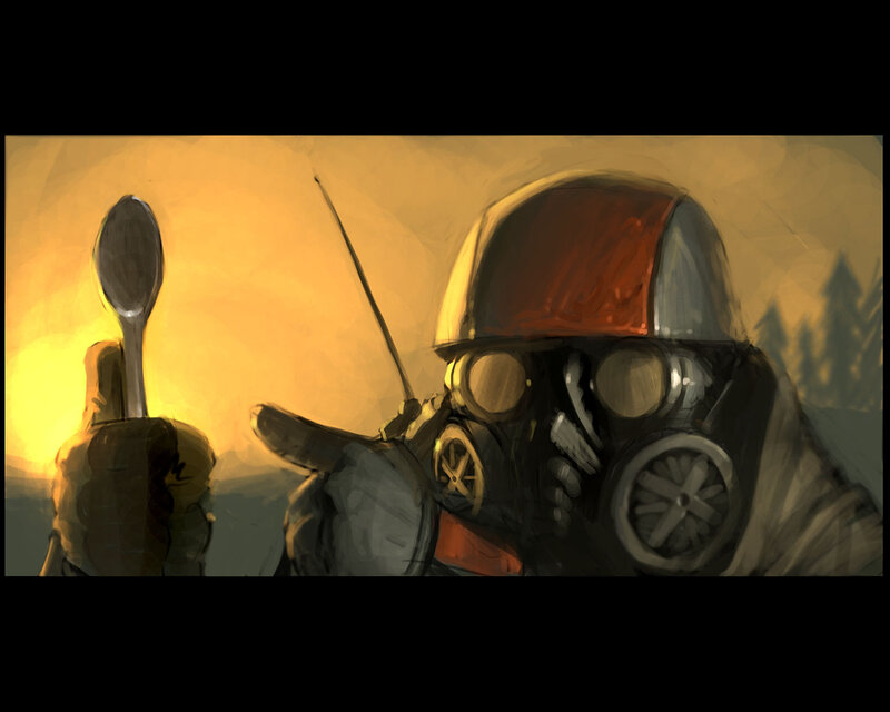 soldier with spoon at sunset