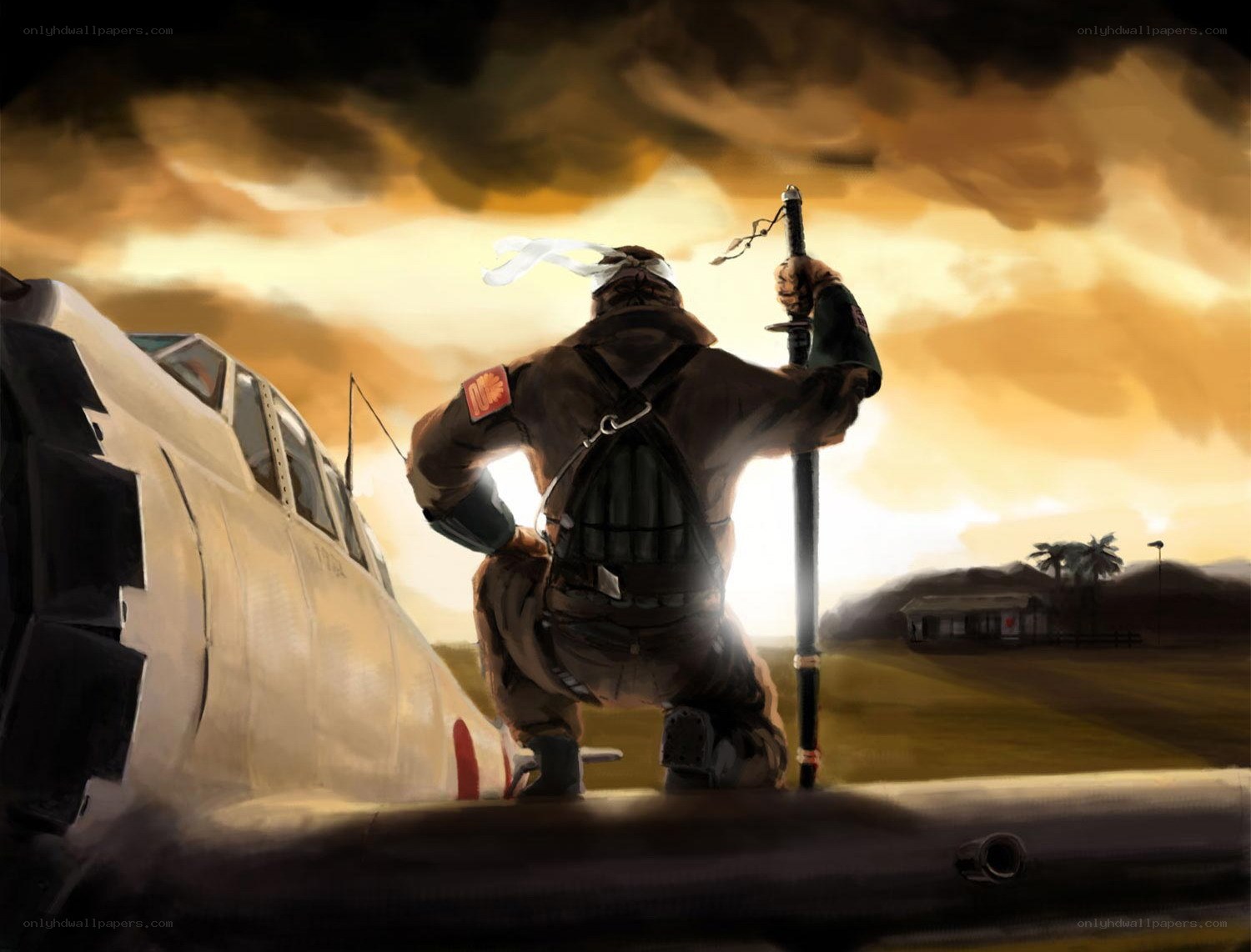 soldier with sword at sunset