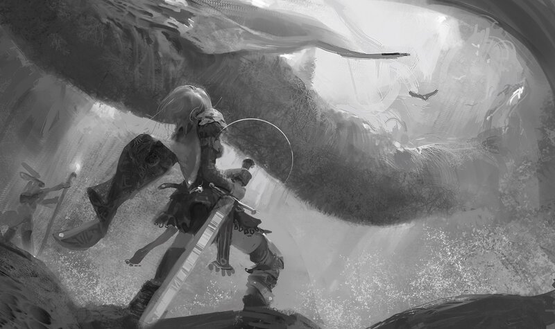 Soldier with Sword — Black, Dramatic, Digital Art