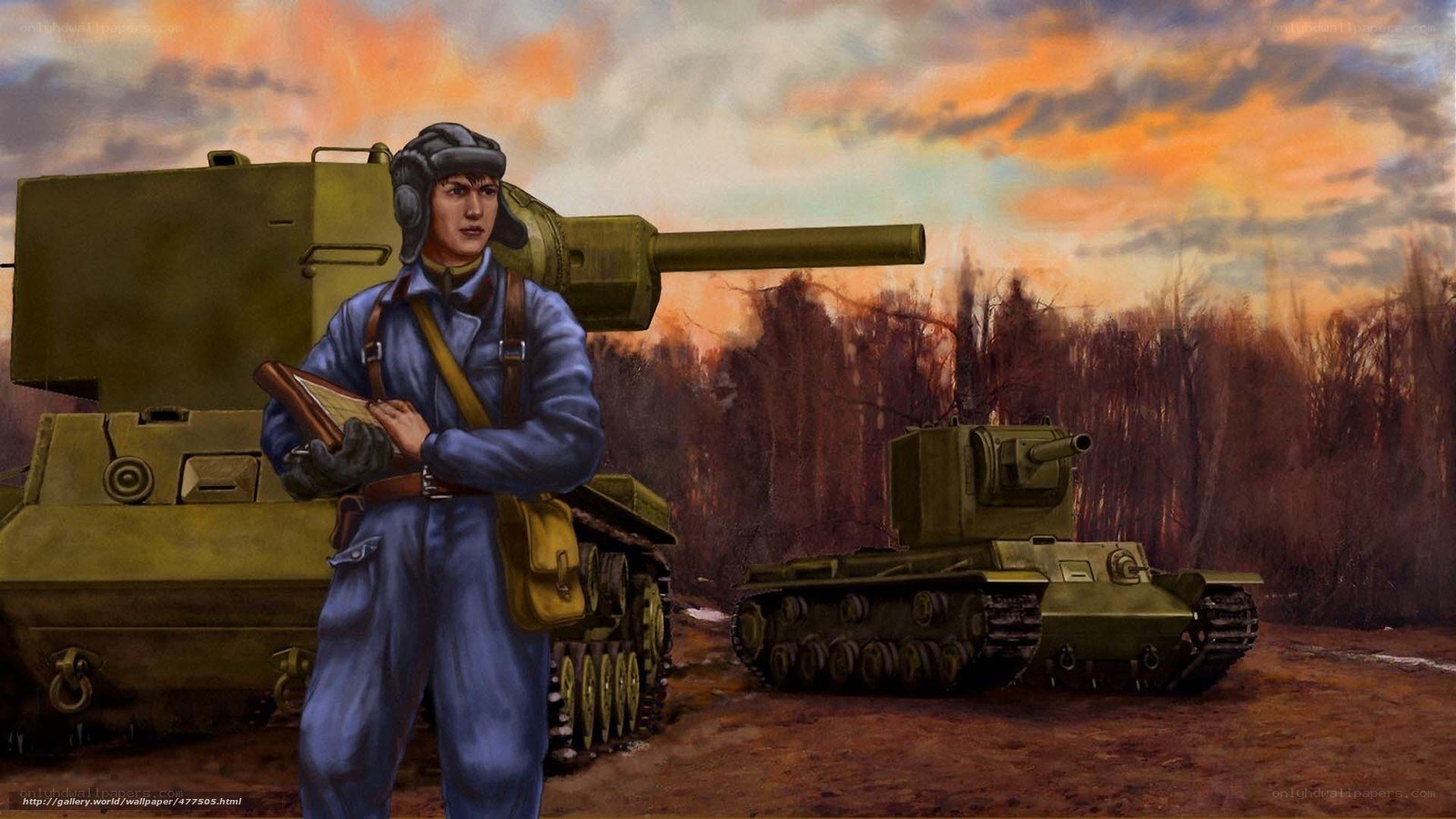 Soldier with tanks at sunset