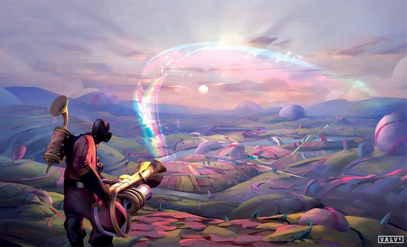 soldier with trumpet in alien landscape