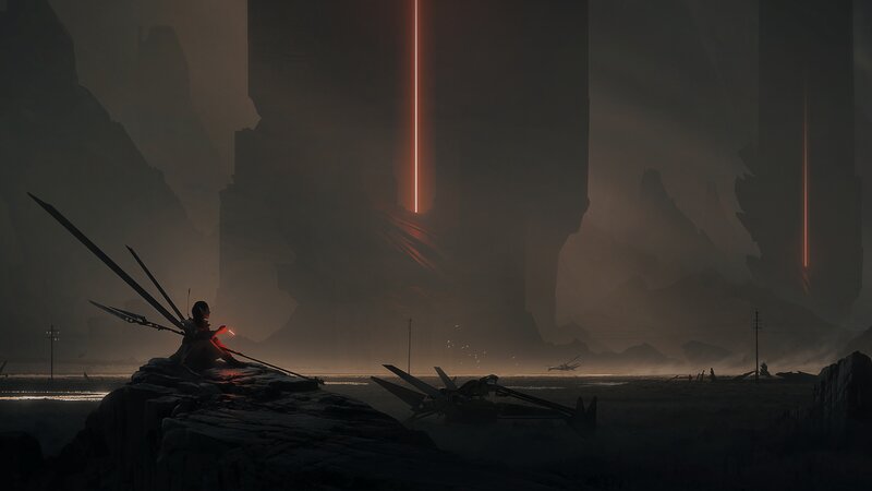 Soldier with Weapon — Black, Dramatic, Night, Digital Art, Rocks