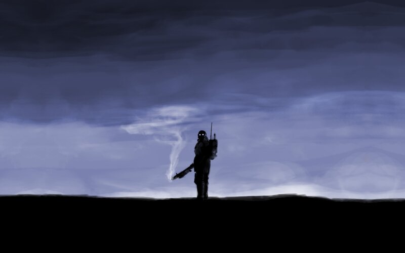 Soldier with Weapon — Black, Dramatic, Night, Digital Art, Smoke