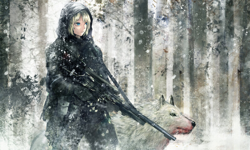 Soldier with Wolf in Snow — White