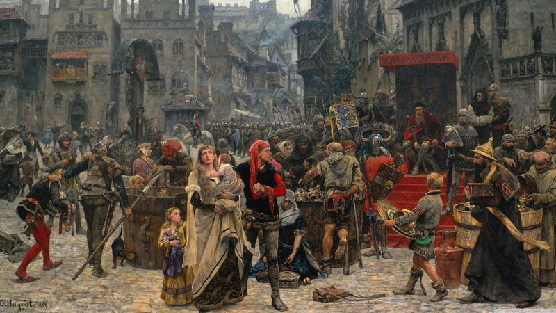Soldiers and Civilians in Street — Brown