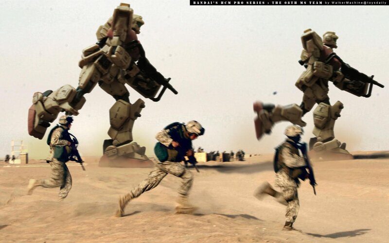 Soldiers and mechs in desert