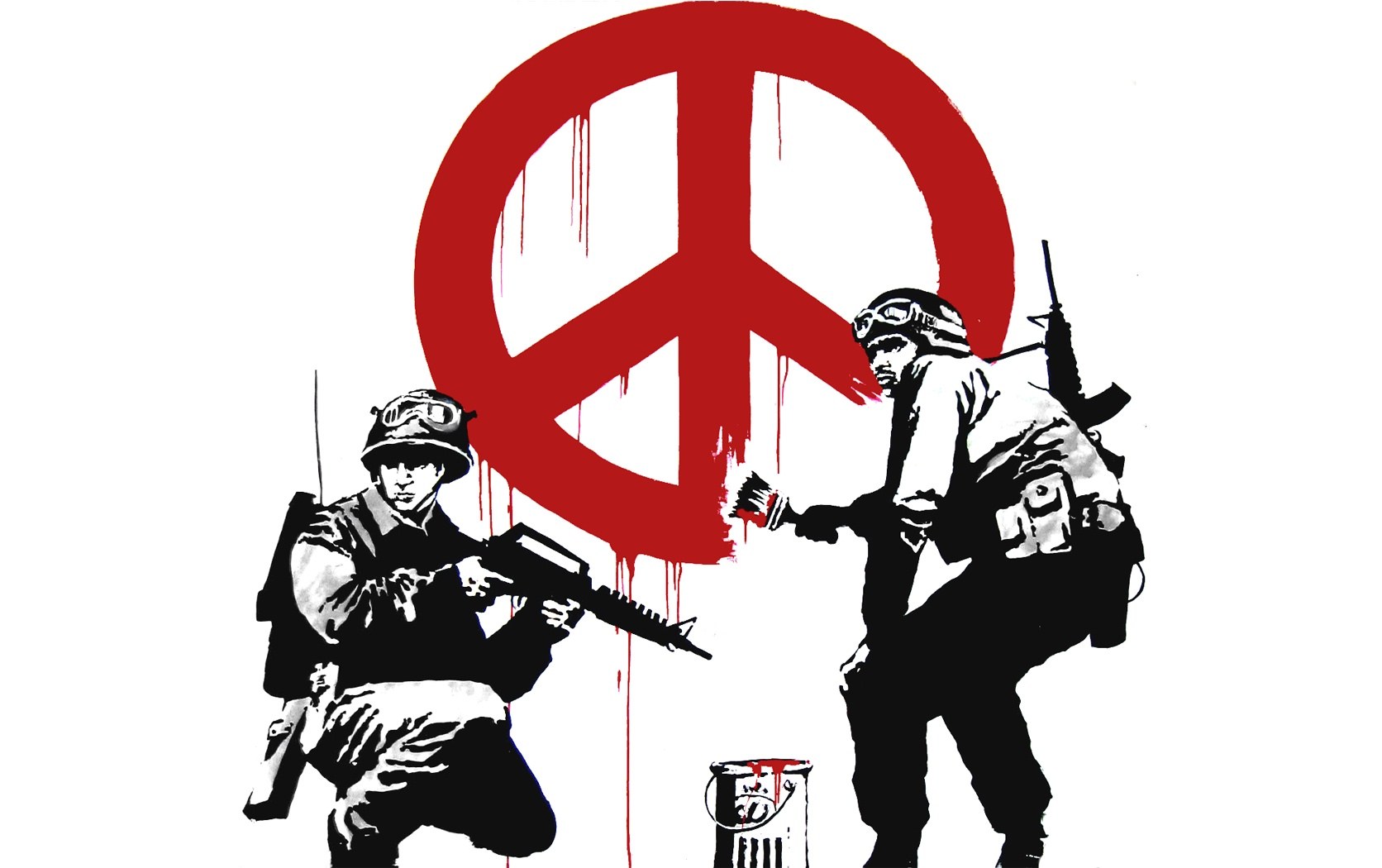 Soldiers and peace symbol