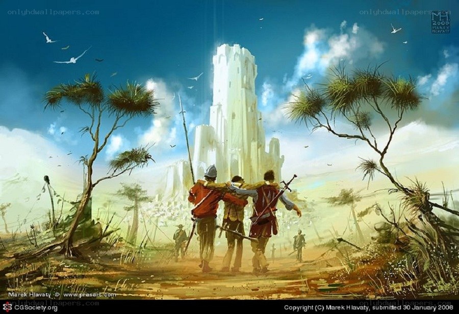 Soldiers approach ancient tower