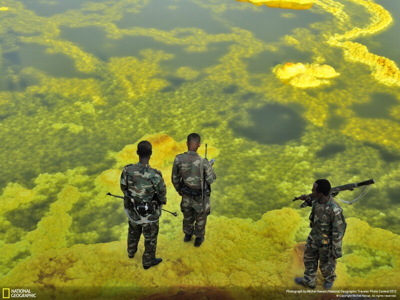 Soldiers at a sulfur lake