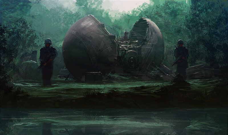 Soldiers at crashed spacecraft