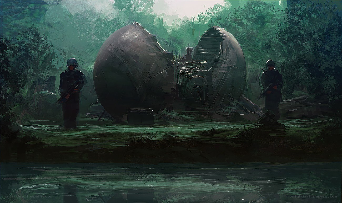 Soldiers at crashed spacecraft