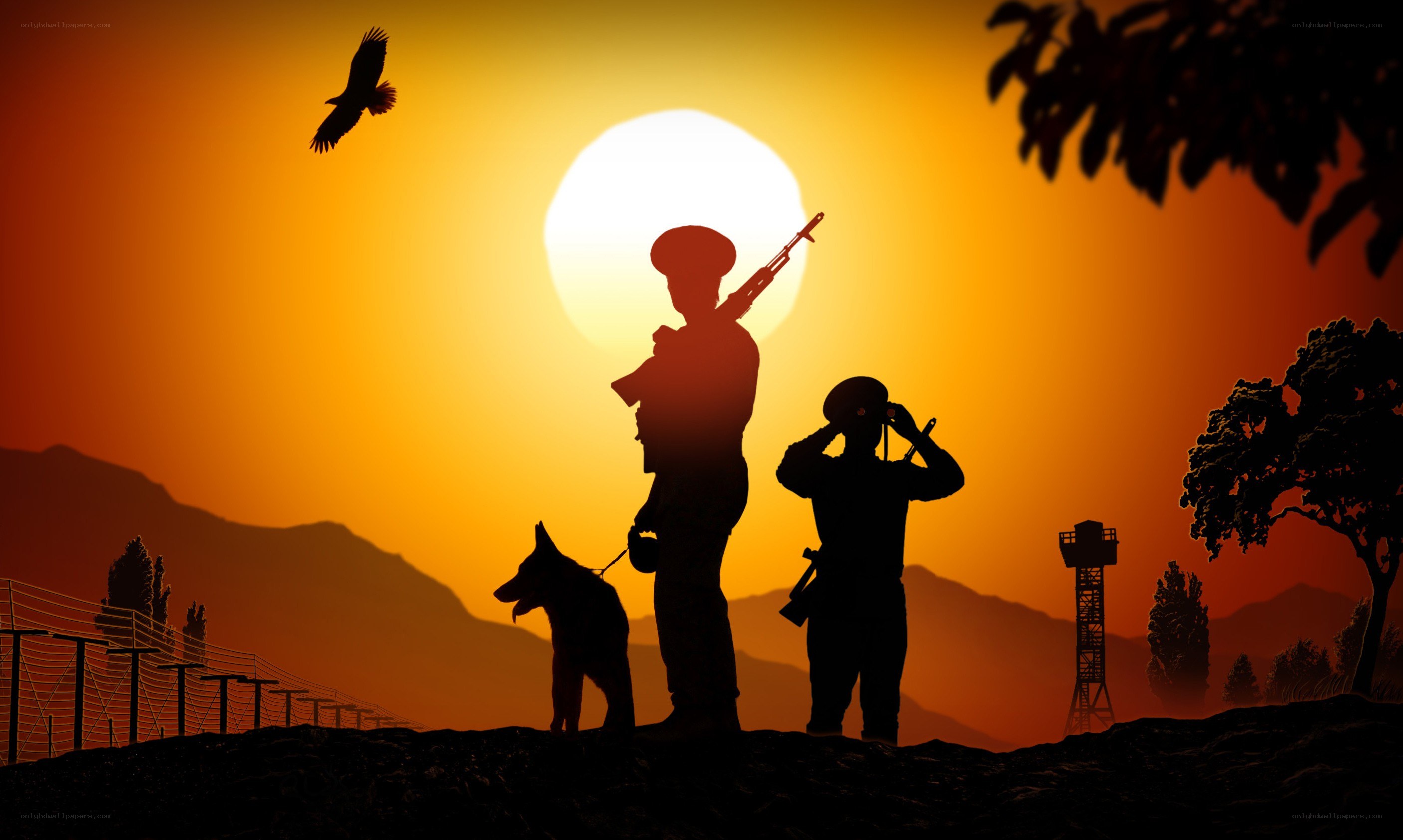 Soldiers at sunset with dog