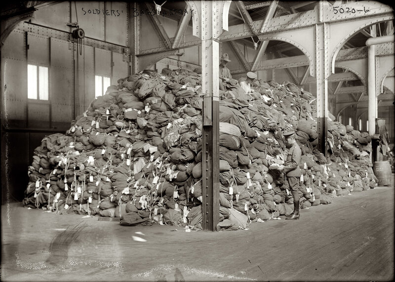 Soldiers' bags in warehouse
