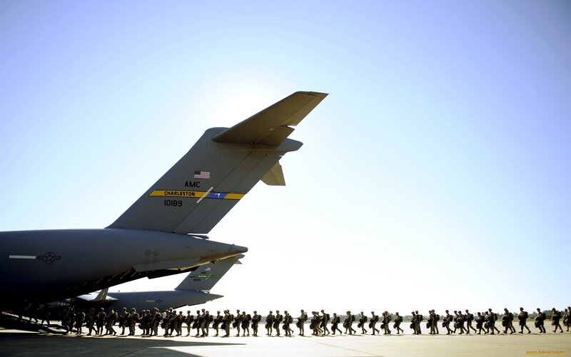 Soldiers Boarding Aircraft — Gray