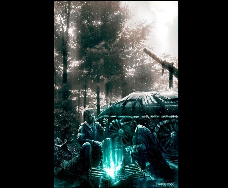 Soldiers by a campfire in the forest