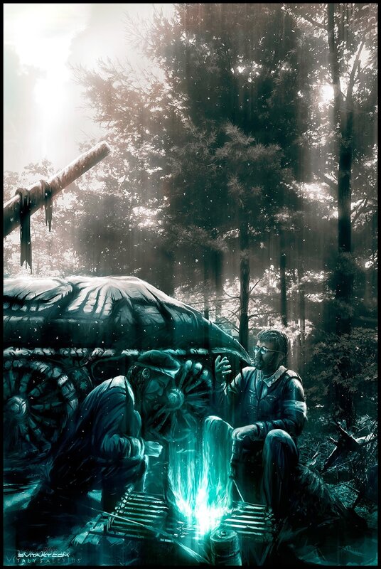 Soldiers by a campfire in the forest