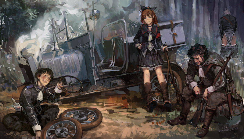 Soldiers by Wrecked Car