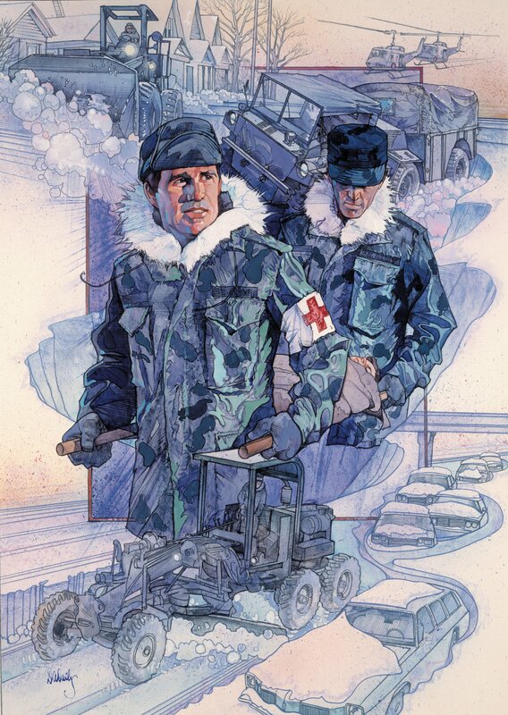 Soldiers clearing snow in winter