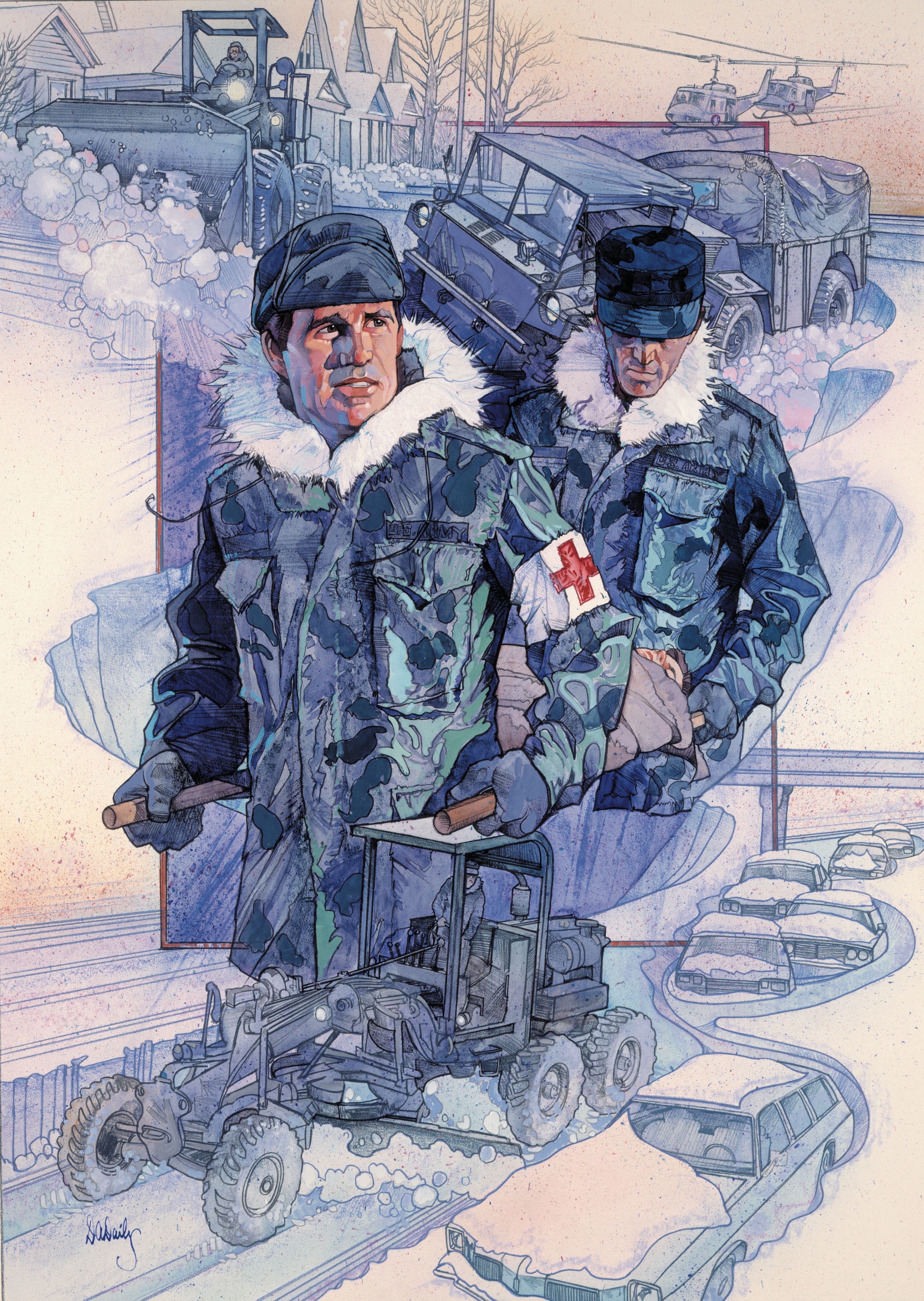 Soldiers clearing snow in winter