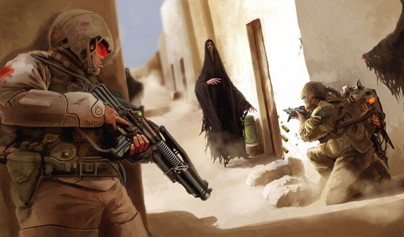 Soldiers confront a cloaked figure