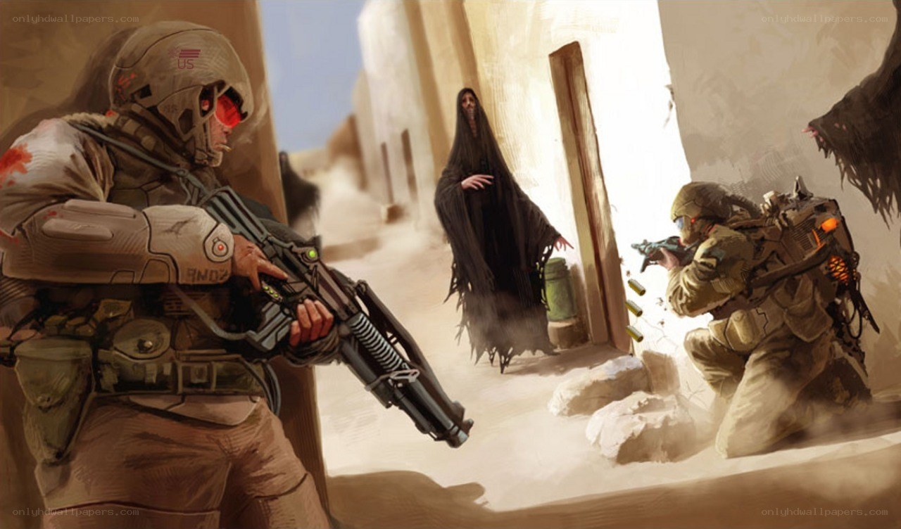 Soldiers confront a cloaked figure
