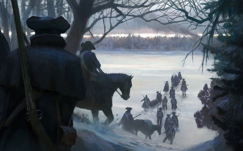 Soldiers crossing a frozen river