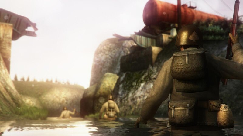 Soldiers crossing a river