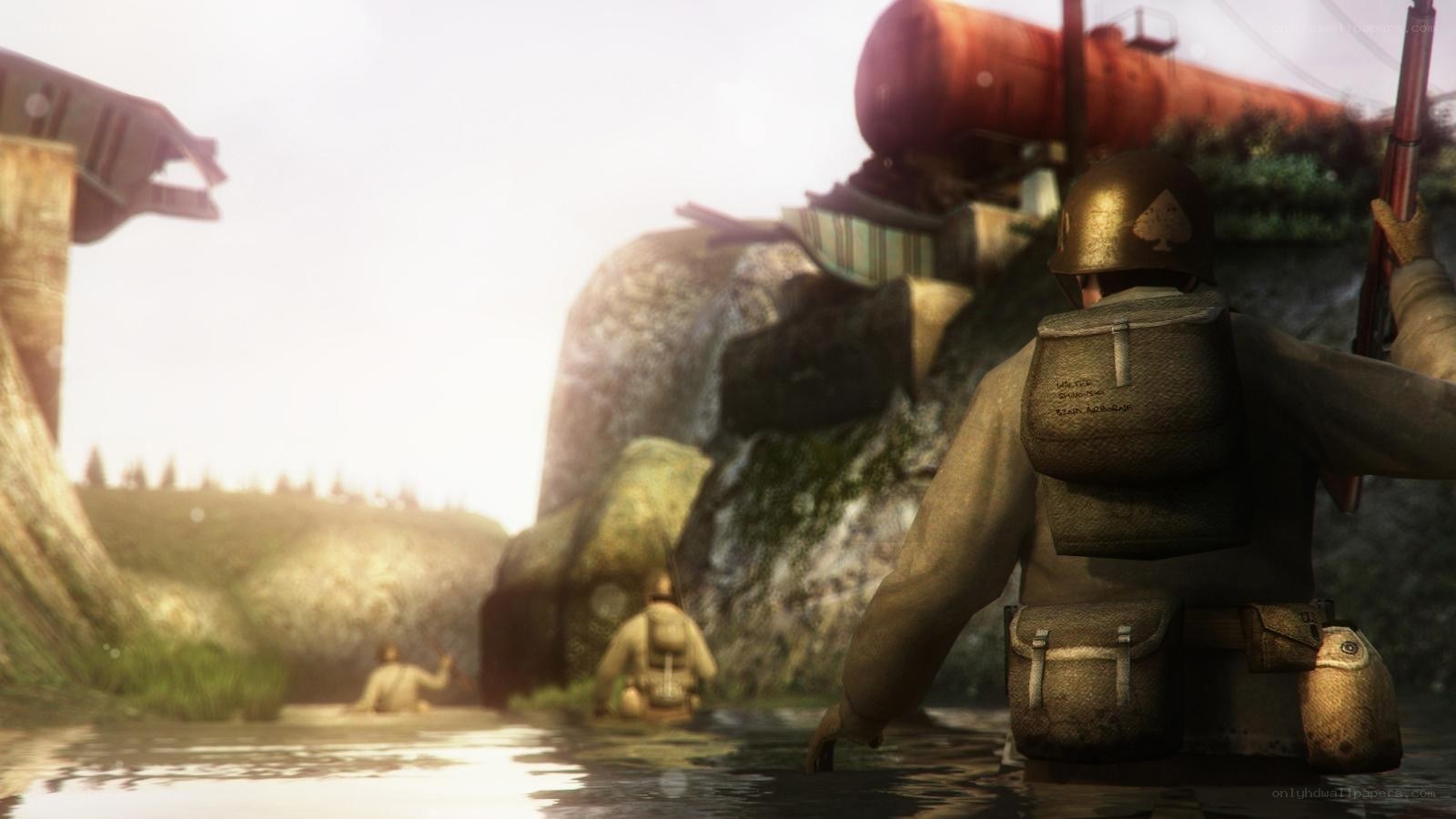 Soldiers crossing a river
