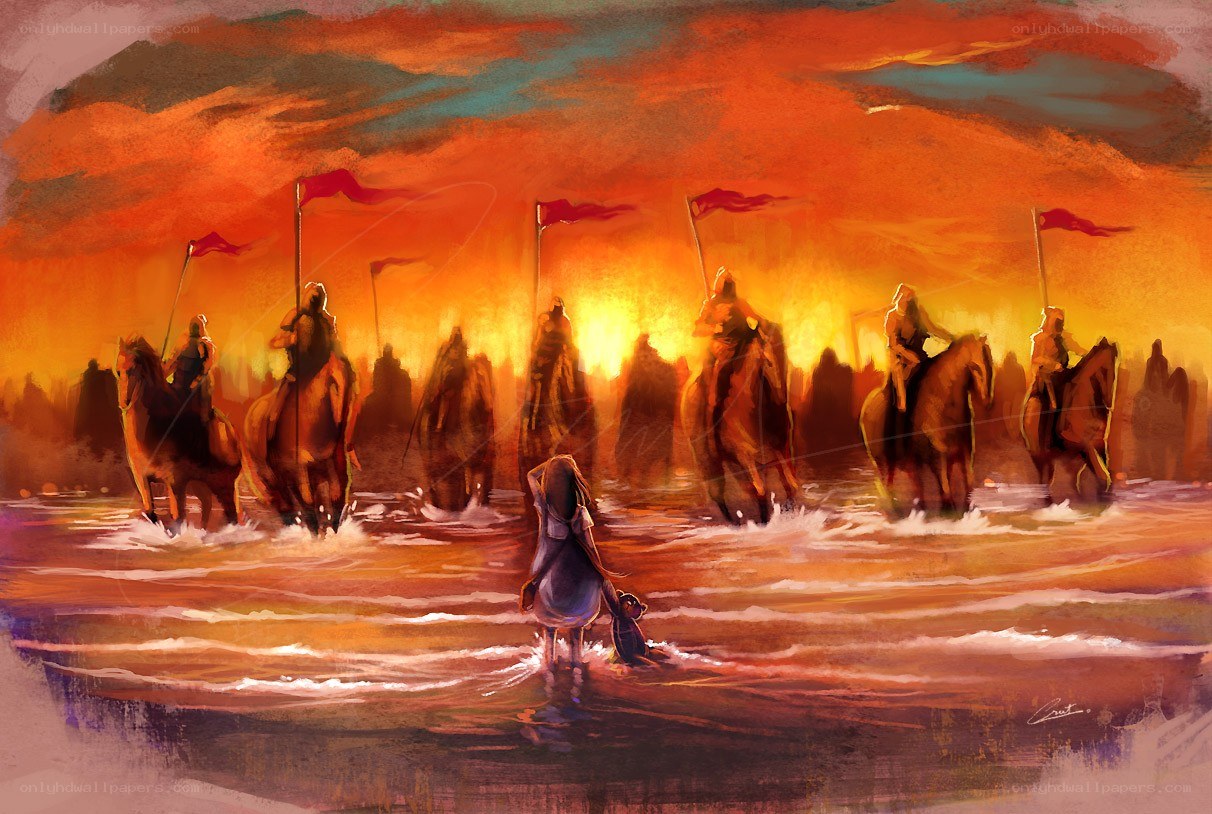 Soldiers crossing a river at sunset