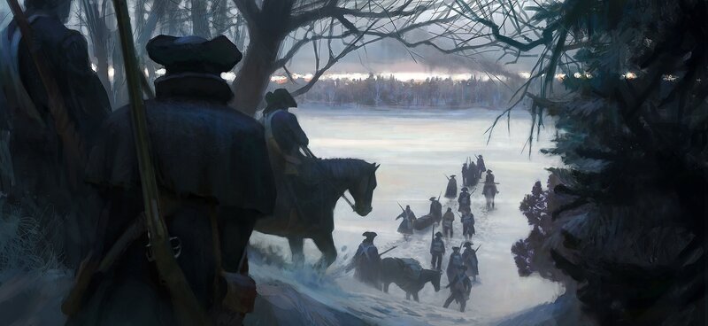 Soldiers Crossing River — Blue, Dramatic, Winter