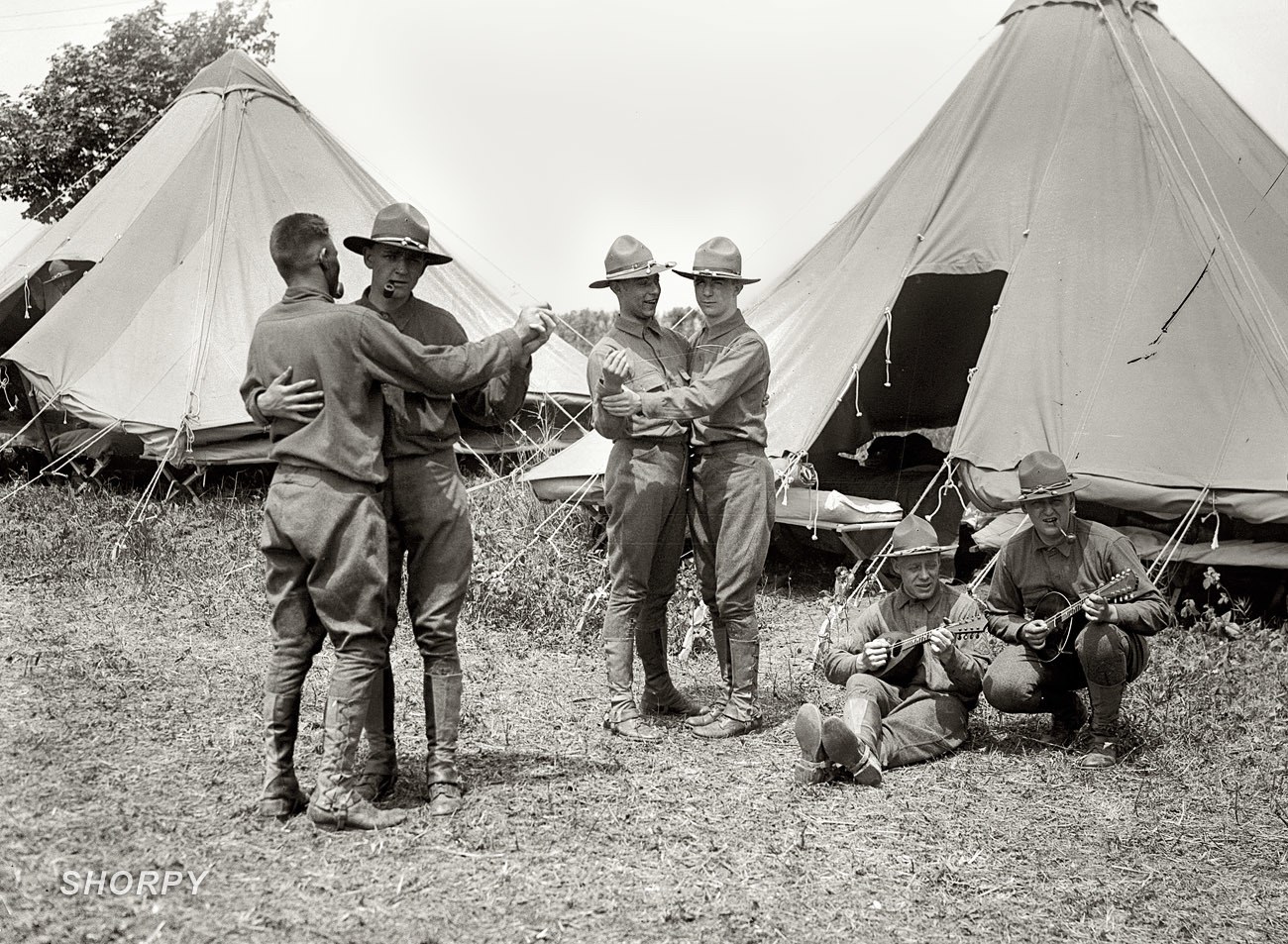 Soldiers dancing in camp