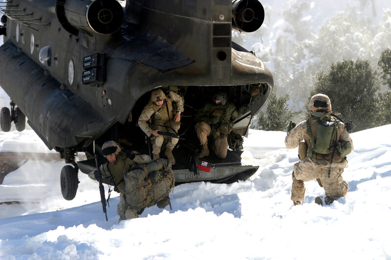 Soldiers Exiting Helicopter — White