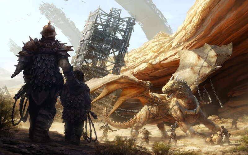 soldiers facing a chained dragon