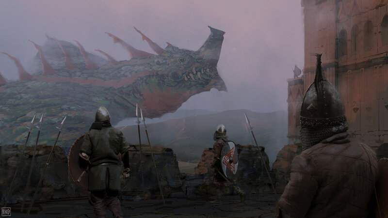 Soldiers Facing a Dragon