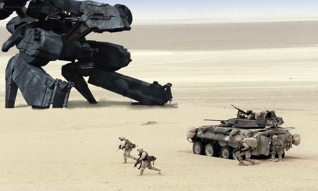 Soldiers facing giant robot