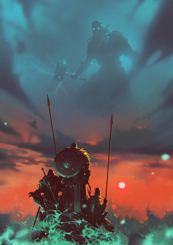 Soldiers Facing Giant Warrior