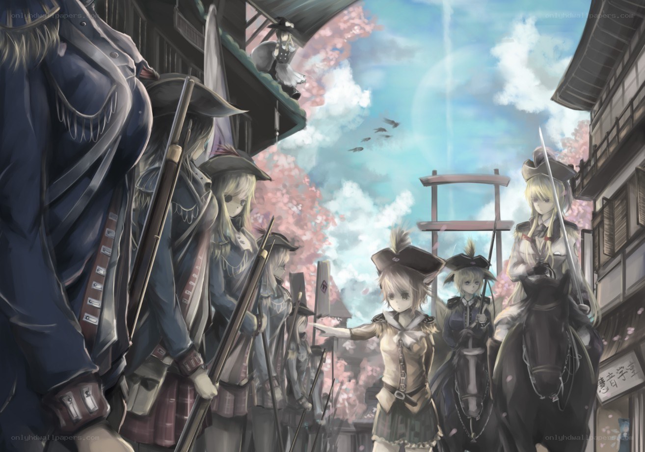 Soldiers in a cherry blossom town