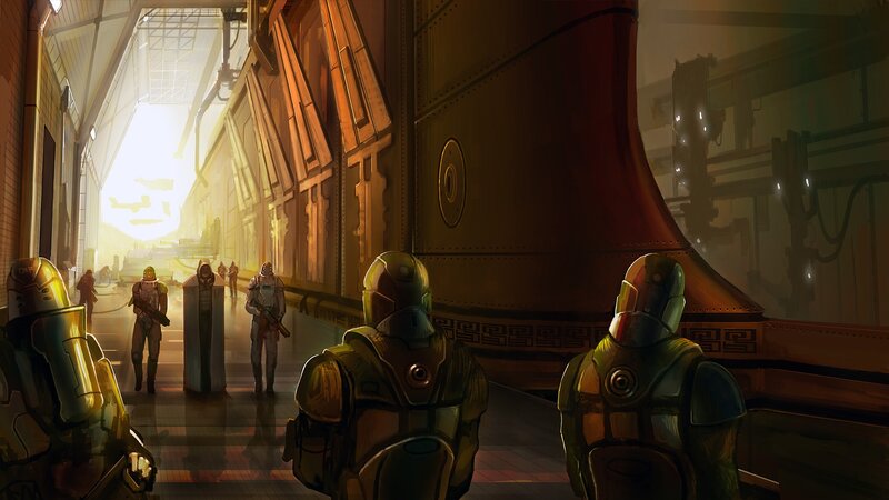 Soldiers in a Corridor — Brown