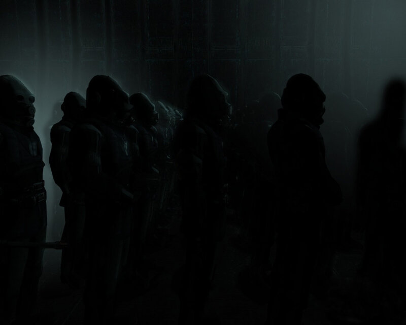 soldiers in a dark corridor