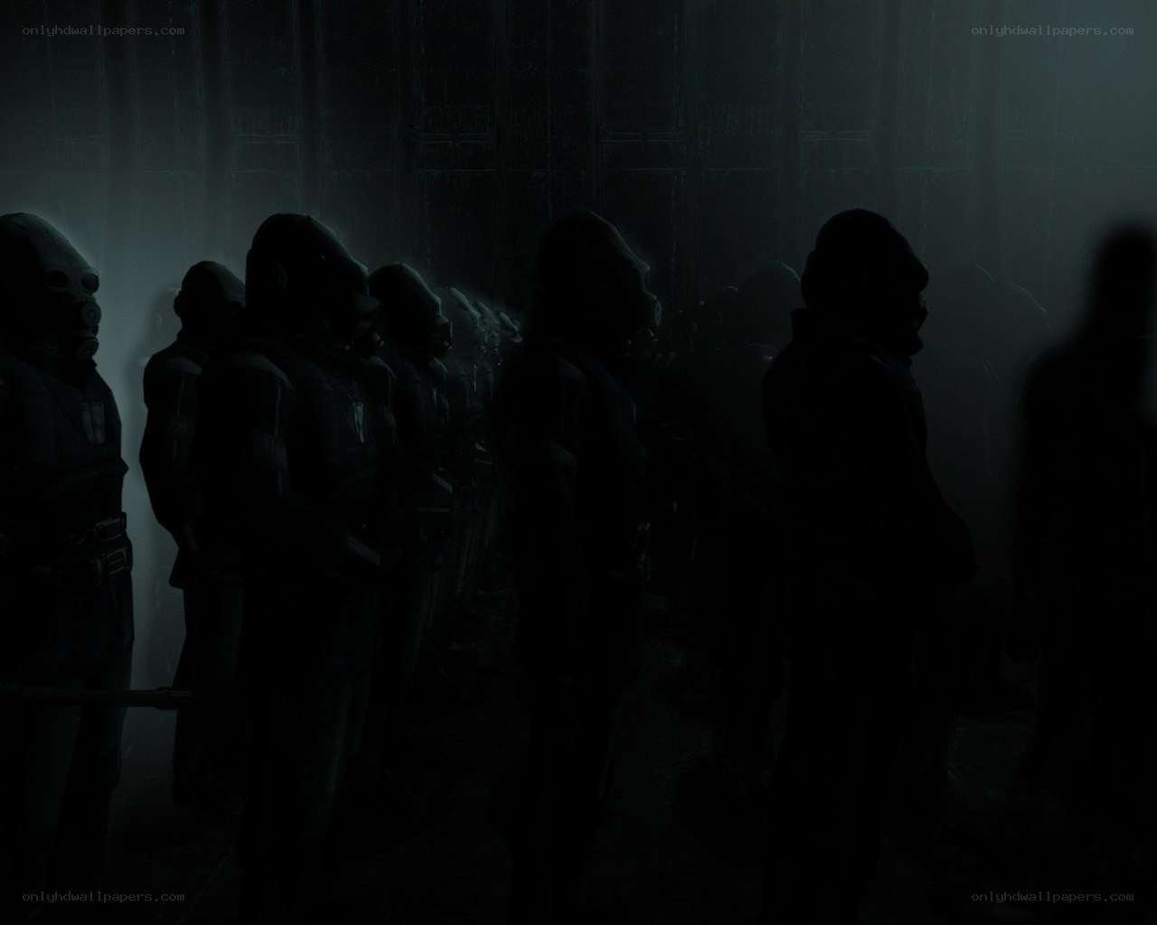 soldiers in a dark corridor