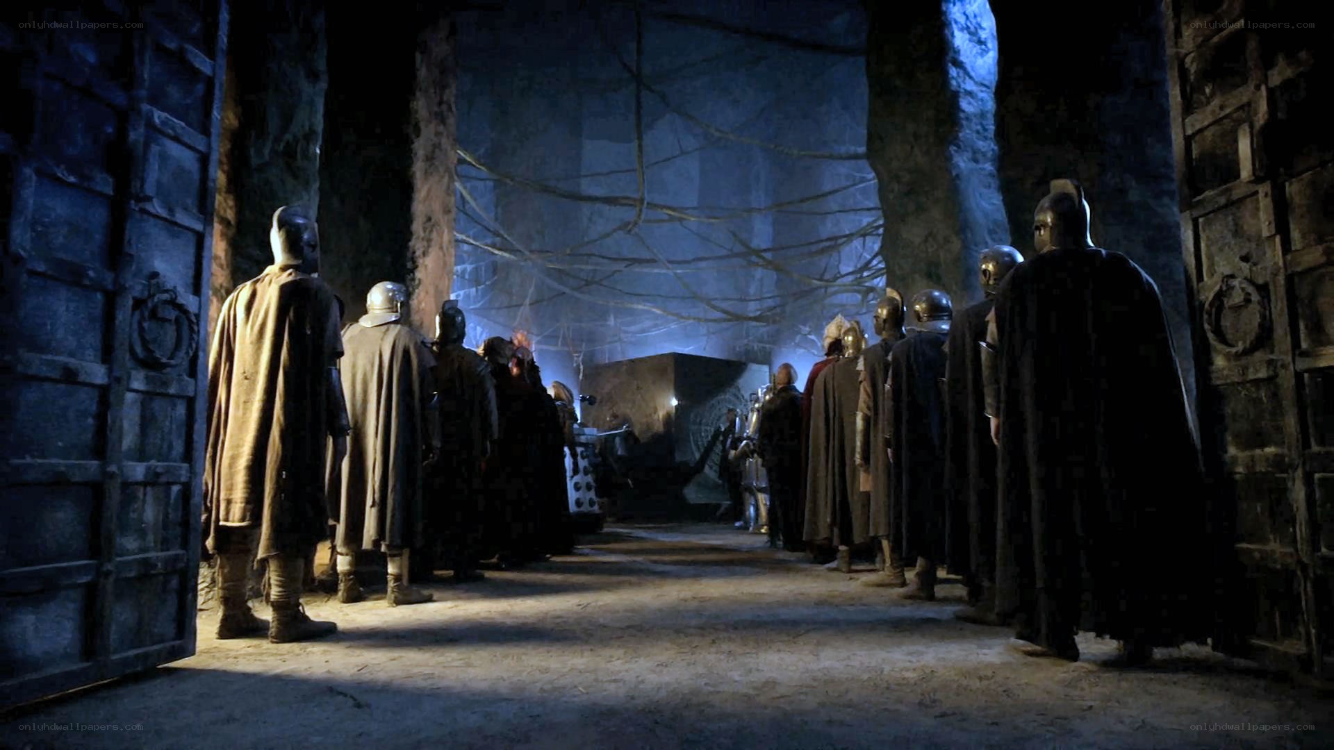 soldiers in a dark corridor