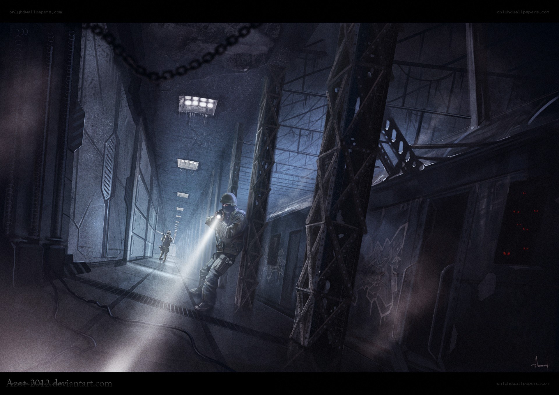 soldiers in a dark corridor