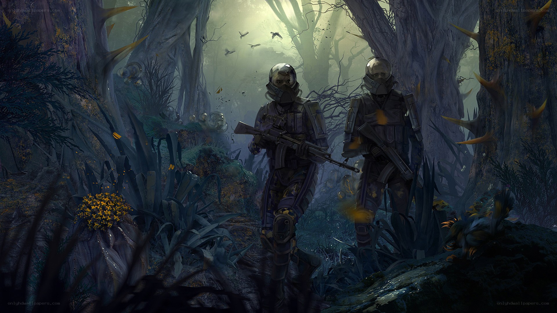 Soldiers in a dark forest